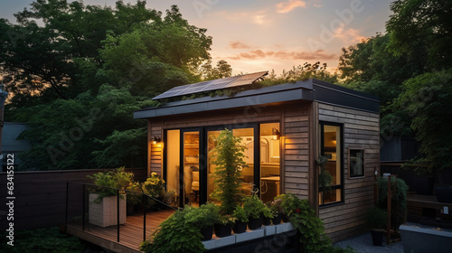 Exterior shot of a tiny home with a rooftop garden, eco - friendly design, lush greenery contrasted against a modern, minimalist home. Golden hour lighting
