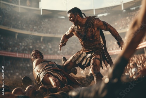Fototapeta A ferocious gladiator wearing armored Roman gladiator at the Ancient Rome gladia