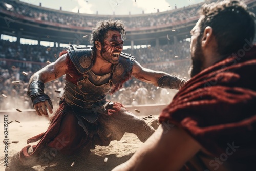 A ferocious gladiator wearing armored Roman gladiator at the Ancient Rome gladiatorial games in the coliseum