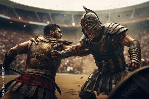 Fotografija A ferocious gladiator wearing armored Roman gladiator at the Ancient Rome gladia