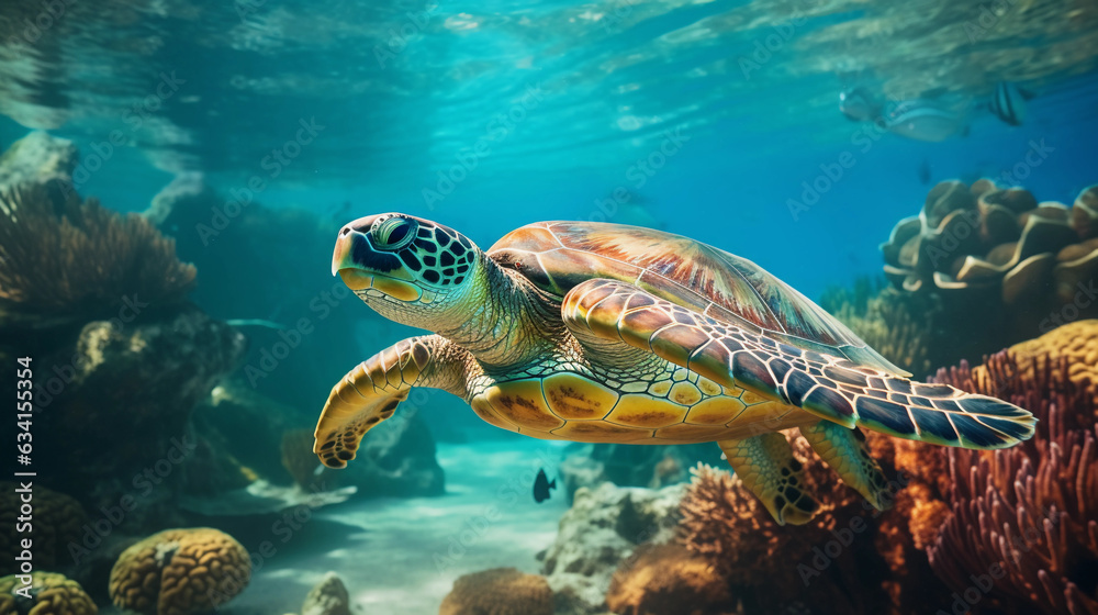 Large sea turtle gliding effortlessly, turquoise water, colorful reef below, sun rays piercing through the water