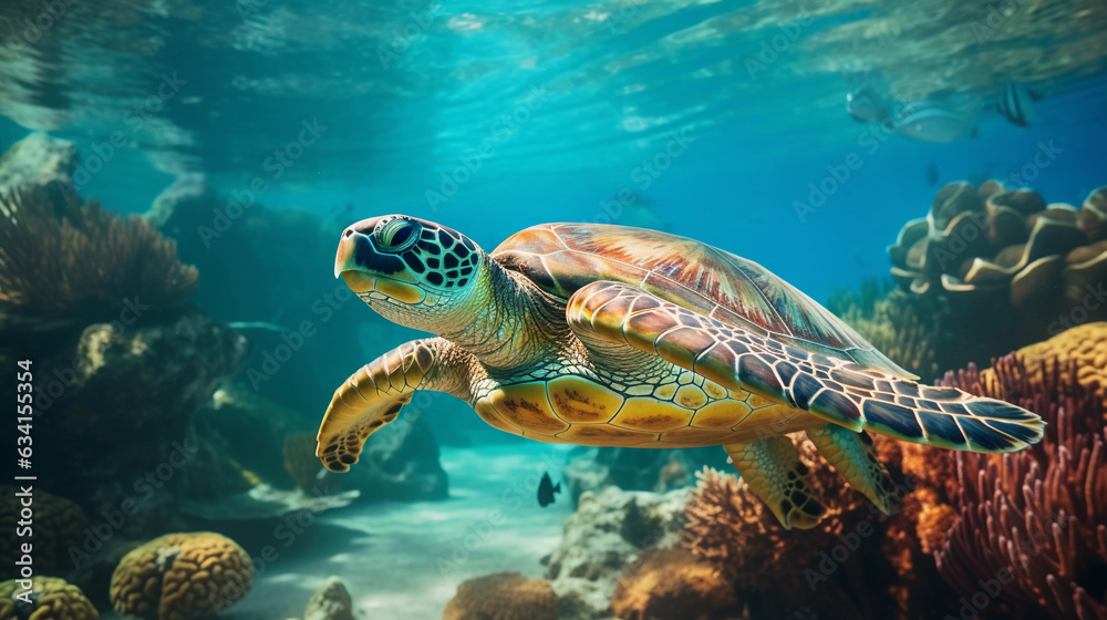 Obraz premium Large sea turtle gliding effortlessly, turquoise water, colorful reef below, sun rays piercing through the water