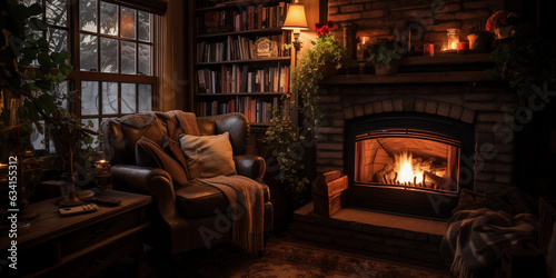 Inside a rustic, country - style tiny home featuring a cozy fireplace, vintage furniture, soft warm lights, reading nook © Marco Attano