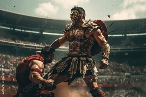 Fotografia A ferocious gladiator wearing armored Roman gladiator at the Ancient Rome gladia