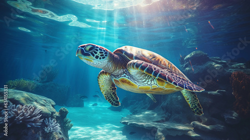 Large sea turtle gliding effortlessly  turquoise water  colorful reef below  sun rays piercing through the water