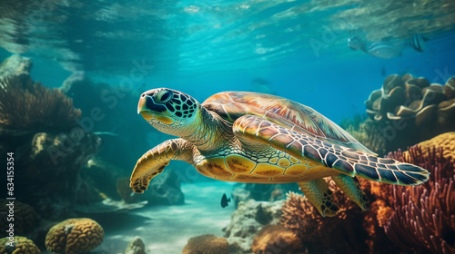 Large sea turtle gliding effortlessly, turquoise water, colorful reef below, sun rays piercing through the water