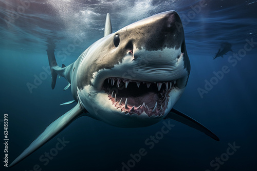 a great white shark, piercing gaze, intense details, in deep ocean waters, dynamic lighting © Marco Attano