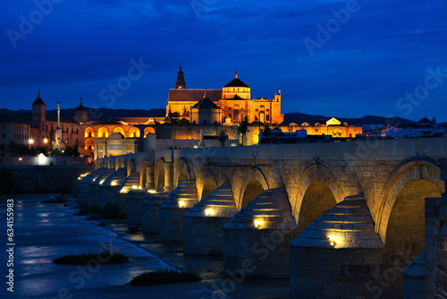 Roman Bridge of Cordoba and Cathedral illuminated at dusk  Andalucia  Spain