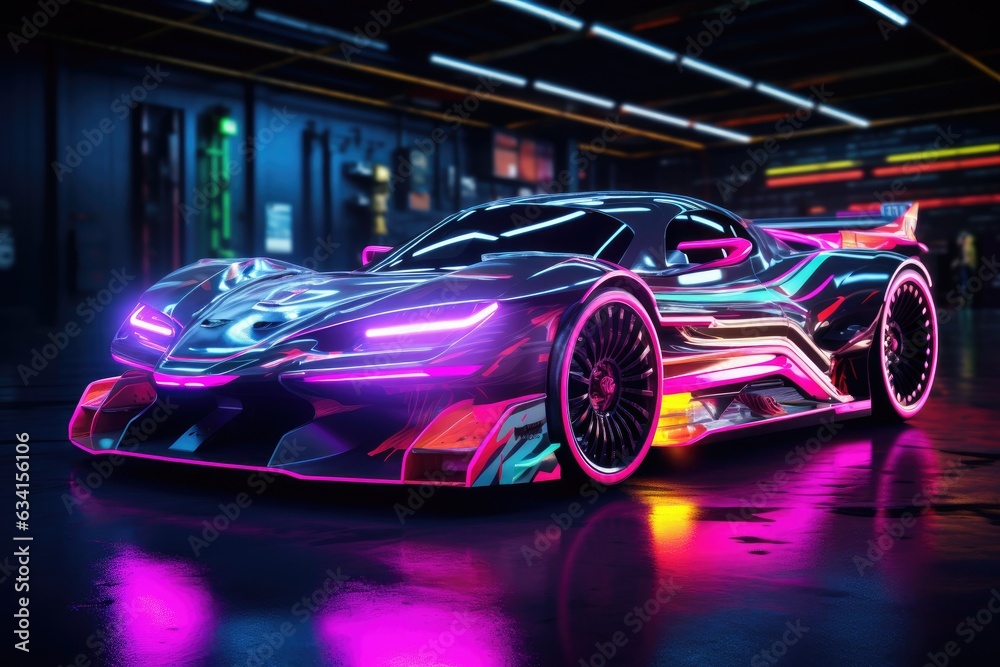 Futuristic drift car in motion with neon fast lines and abstract smoke. High speed concept in technological blue purple colors