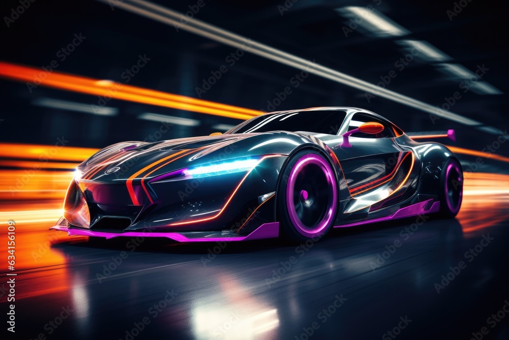 Futuristic drift car in motion with neon fast lines and abstract smoke. High speed concept in technological blue purple colors