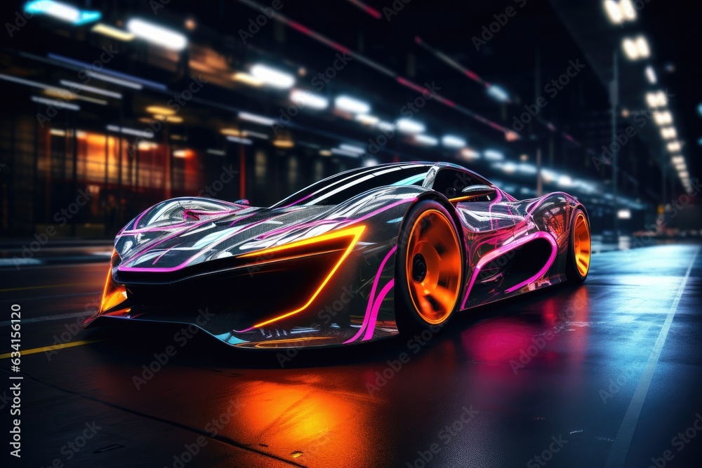 Futuristic drift car in motion with neon fast lines and abstract smoke. High speed concept in technological blue purple colors