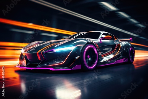 Futuristic drift car in motion with neon fast lines and abstract smoke. High speed concept in technological blue purple colors