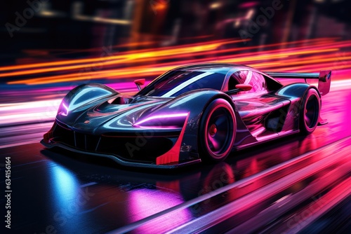 Futuristic drift car in motion with neon fast lines and abstract smoke. High speed concept in technological blue purple colors