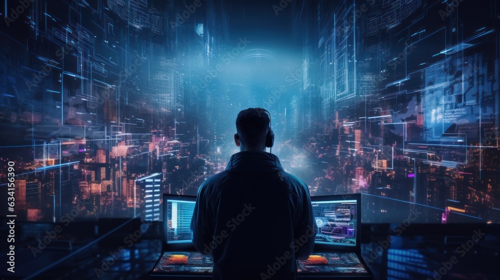 Obraz premium Visualize a skilled cyberpunk hacker operating within a futuristic landscape, surrounded by holographic interfaces, intricate code, and immersive virtual reality components
