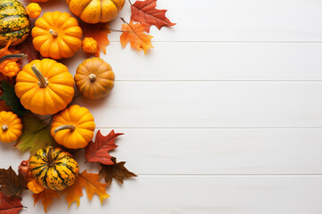 Festive autumn composition from pumpkins andcolorful leaves on a white wooden background. Thanksgiving day.