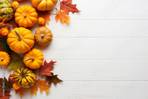 Festive autumn composition from pumpkins andcolorful leaves on a white wooden background. Thanksgiving day.