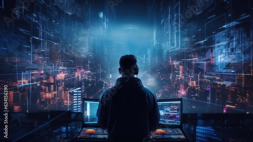 Visualize a skilled cyberpunk hacker operating within a futuristic landscape  surrounded by holographic interfaces  intricate code  and immersive virtual reality components