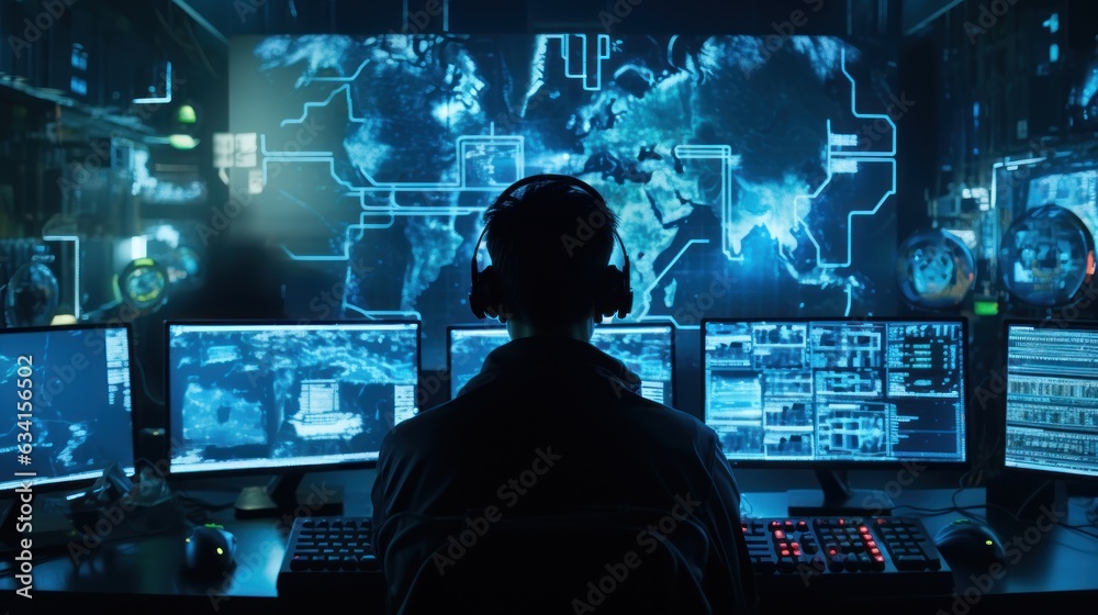 Visualize a skilled cyberpunk hacker operating within a futuristic landscape, surrounded by holographic interfaces, intricate code, and immersive virtual reality components