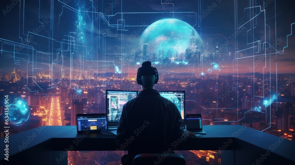 Visualize a skilled cyberpunk hacker operating within a futuristic landscape, surrounded by holographic interfaces, intricate code, and immersive virtual reality components Visualize a skilled cyberpunk hacker operating within a futuristic landscape, surrounded by holographic interfaces, intricate code, and immersive virtual reality components