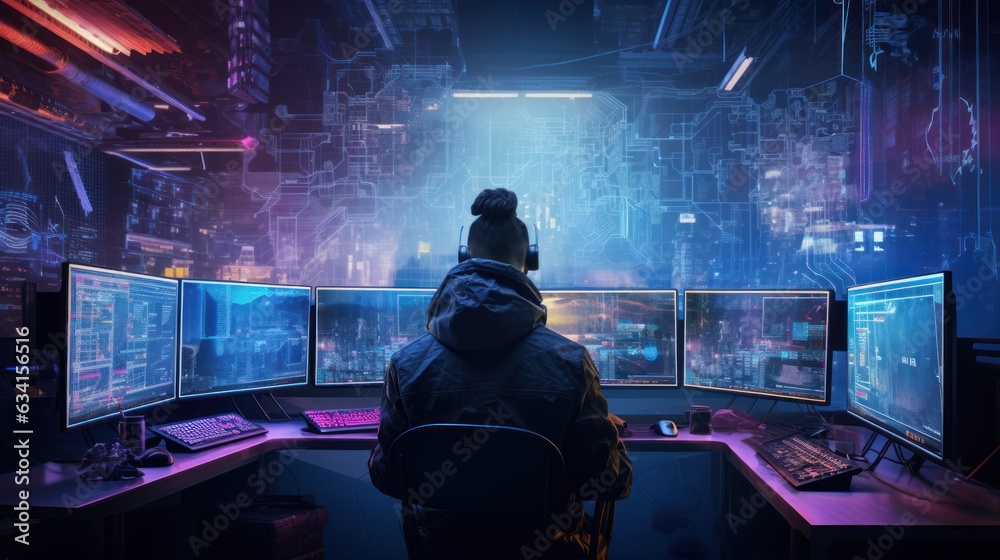 Visualize a skilled cyberpunk hacker operating within a futuristic landscape, surrounded by holographic interfaces, intricate code, and immersive virtual reality components Visualize a skilled cyberpunk hacker operating within a futuristic landscape, surrounded by holographic interfaces, intricate code, and immersive virtual reality components