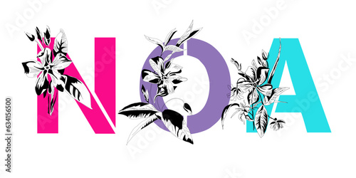 Woman's name Noa. Font composition named NOA. Decorative floral font. Typography in the style of art nouveau, modern, vintage.