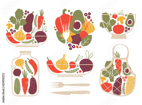 Set of vector clip arts with farmers market, organic farm, harvest, veggies. Seasonal fresh vegetables and berries. Buy products from the local farmers market. Eat local. Vegan concept.