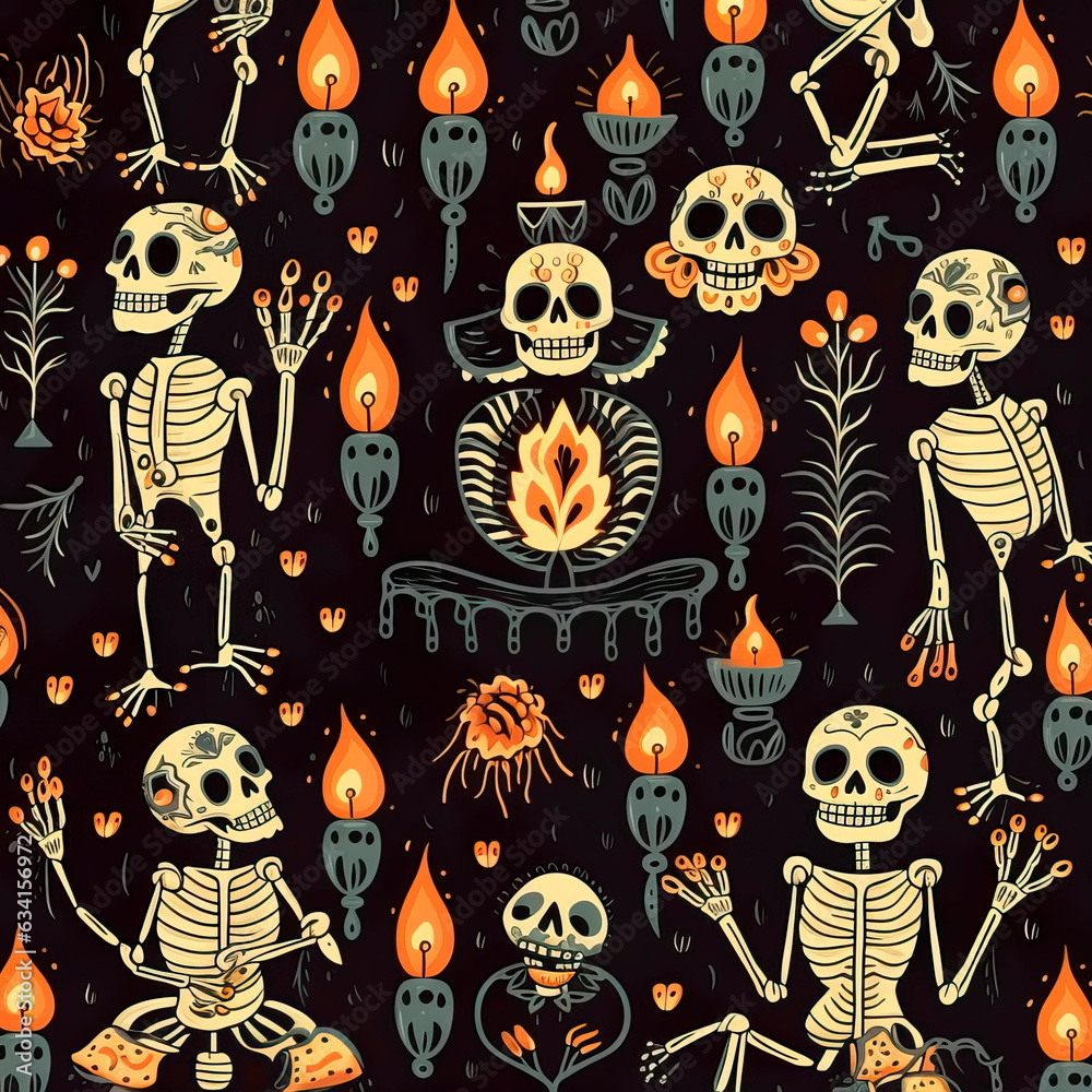 seamless pattern with a Dia de Muertos theme, featuring spooky elements such as skeletons, skulls, candles seamless pattern with a Dia de Muertos theme, featuring spooky elements such as skeletons, skulls, candles