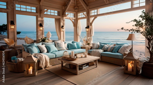 Coastal beach house living room with a breezy, nautical theme and coastal decor. © Maximusdn