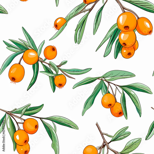 Orange sea buckthorn berries with green leaves on the white background seamless pattern 
