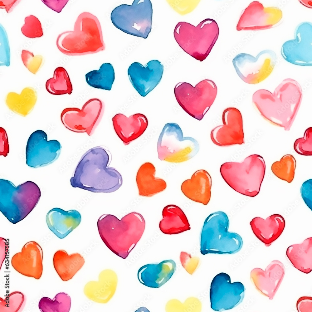 Colorful hearts watercolor texture  cute illustration print