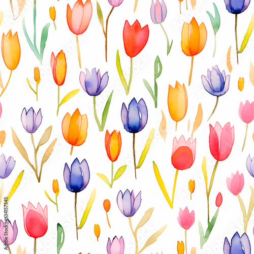 Tulips seamless pattern watercolor texture cute illustration print fabric