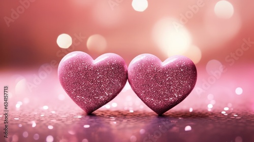 two hearts on pink glitter in shiny background