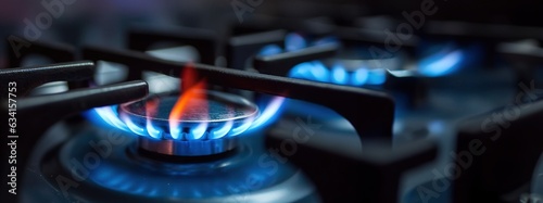 Close up of a blue flame on a gas stove, copy space. Created using generative AI technology.