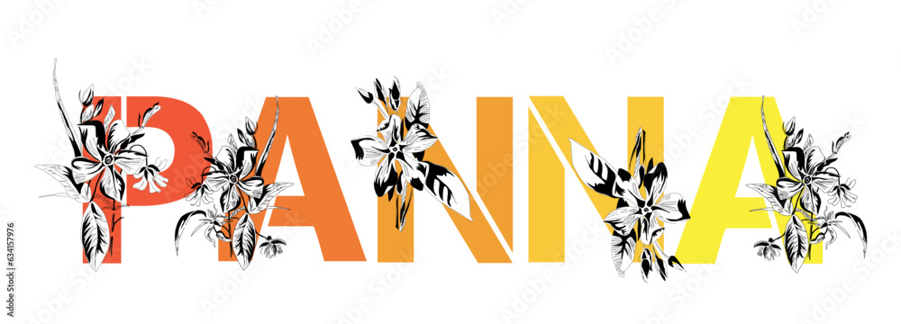 Woman's name Panna. Font composition named PANNA. Decorative floral font. Typography in the style of art nouveau, modern, vintage.
