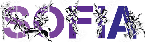 Woman's name Sofia. Font composition named SOFIA. Decorative floral font. Typography in the style of art nouveau, modern, vintage.