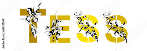 Woman's name Tess. Font composition named TESS. Decorative floral font. Typography in the style of art nouveau, modern, vintage.