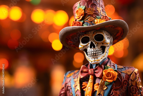Day of the Dead calavera skeleton figurine, Mexican folk art, wood carving, close up photo