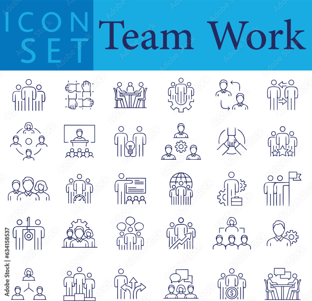 Set of  line icons related team, teamwork, co-workers, cooperation. Linear busines simple symbol collection. vector illustration