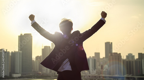 Excited Businessman Celebrates with His Fists In The Air with the City In The Background - Generative AI.
