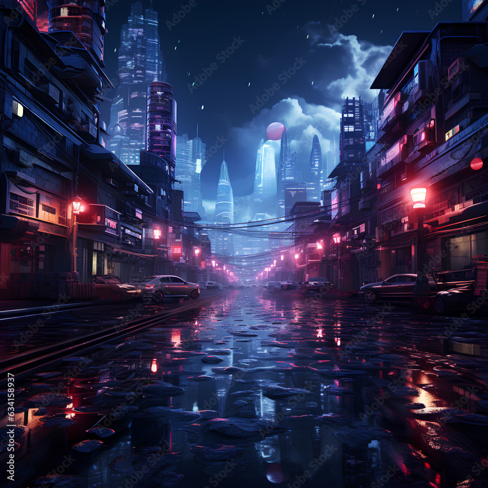 Colorful night landscape in pixel art style of futuristic city