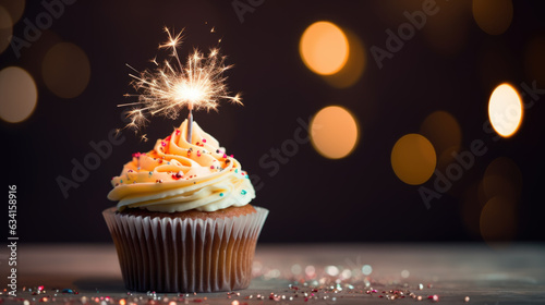 Birthday cupcake with celebration sparkler and sprinkles for a birthday party. Created with Generative AI technology.