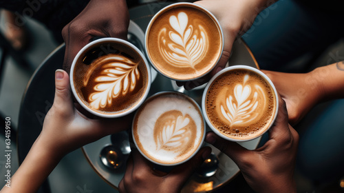 People's hands holding mugs of coffee. Created with Generative AI technology.