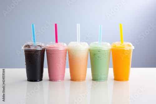 Five plastic clear cups with colorful smoothie and drinking straws.