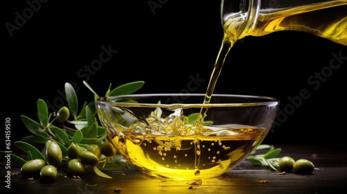 Olive oil pouring from a bottle into a bowl.