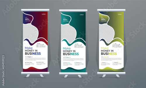 Business Roll Up Banner Stand vector creative design. Sale banner stand or flag design layout. Modern Exhibition Advertising