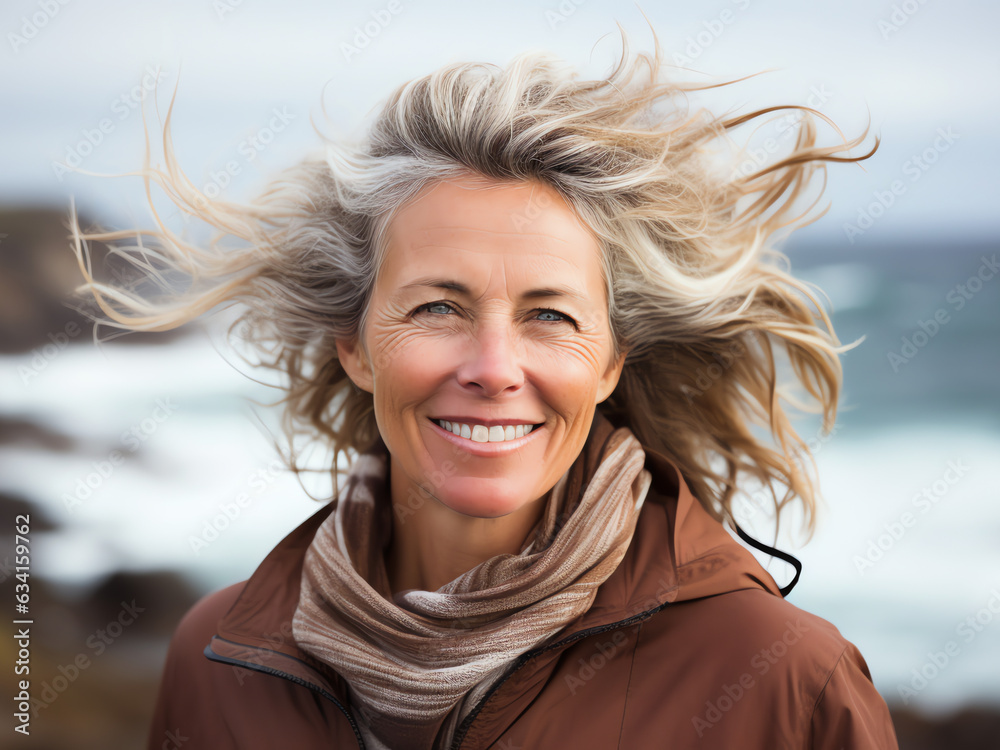 Smiling Mature Woman 50s Portrait on Windy Beach Smiling Mature Woman 50s Portrait on Windy Beach