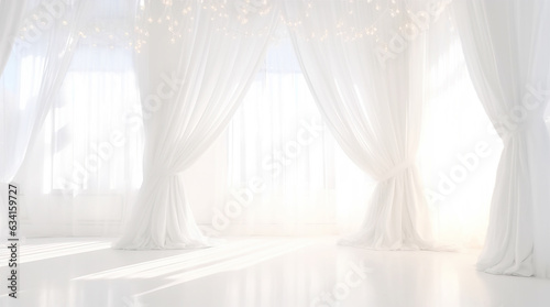 Romantic Dreamy White Interior with Sunny Windows and Curtains. Bright Warm Tones, Bridal Mock Up.