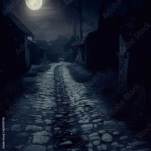 deserted village alley with cobblestone pathways