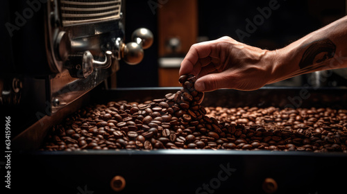 Roasting coffee beans on special machinery. Created with Generative AI technology.