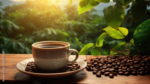 a mug of coffee and coffee beans stands on a wooden table against a background of coffee fields. Created with Generative AI technology.